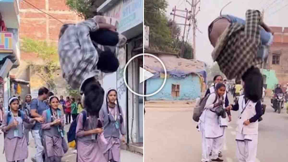 Young man performing dangerous stunts on a busy road in Bihar, scaring schoolgirls walking to school, viral video scene