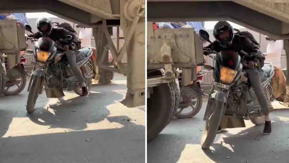 Traffic : ಟ್ರಾಫಿಕ್ ಜಾಮ್ನಲ್ಲಿ 5 ನಿಮಿಷ ಕಾಯಲು ಆಗದೆ ಇವನೇನು ಮಾಡಿದ ನೋಡಿ! ವಿಡಿಯೋ ವೈರಲ್...! 2 Reckless Biker Rides Under Truck During Traffic Jam in Bihar – Viral Video Shocks Internet