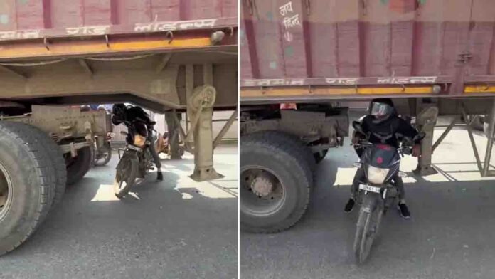 Reckless Biker Rides Under Truck During Traffic Jam in Bihar – Viral Video Shocks Internet