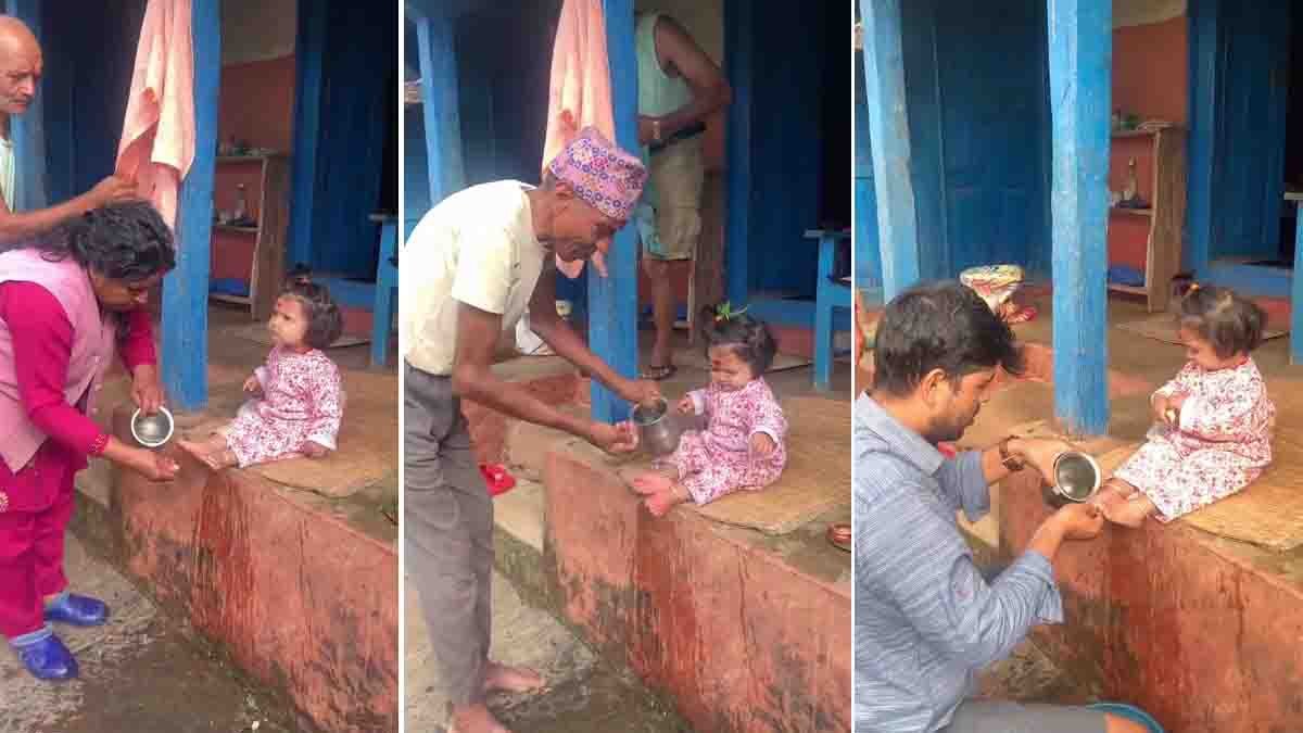 Video : ಸನಾತನ ಧರ್ಮದ ಸೌಂದರ್ಯ: ಮನೆಯ ಪುಟ್ಟ ಲಕ್ಷ್ಮಿಯ ಪಾದಪೂಜೆ – ವೈರಲ್ ವಿಡಿಯೋ ನೋಡಿ..! 1 An Indian family performing Padapuja for their little daughter, treating her as Goddess Lakshmi — a heartwarming moment reflecting Sanatana Dharma traditions and respect for women - Viral Video