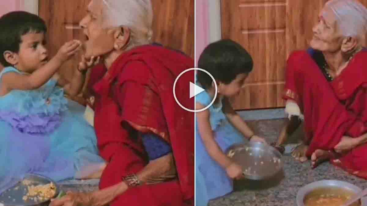 Grandmother smiling while her little granddaughter feeds her lovingly - Viral Video