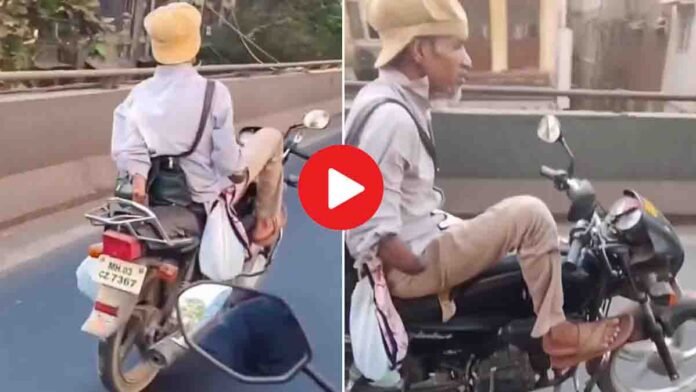 Physically challenged man without hands rides a bullet bike at high speed on the road, showing courage and confidence