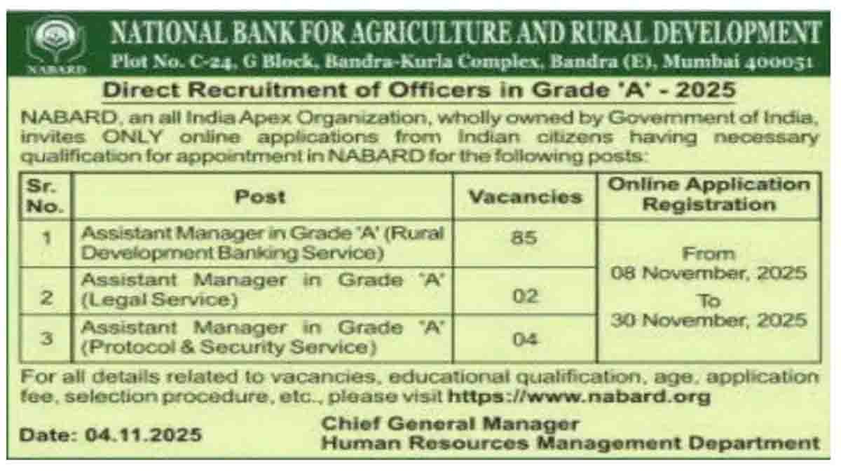 NABARD Recruitment 2025 – Apply Online for 91 Grade A Assistant Manager Posts