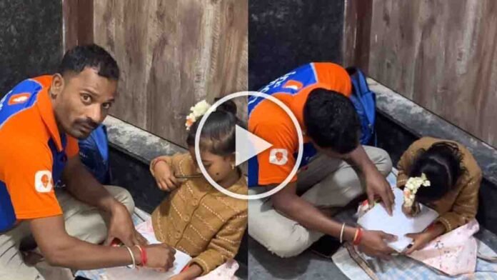 Swiggy delivery father teaching his young daughter near an apartment elevator during work, heartwarming viral Video showing dedication to her education