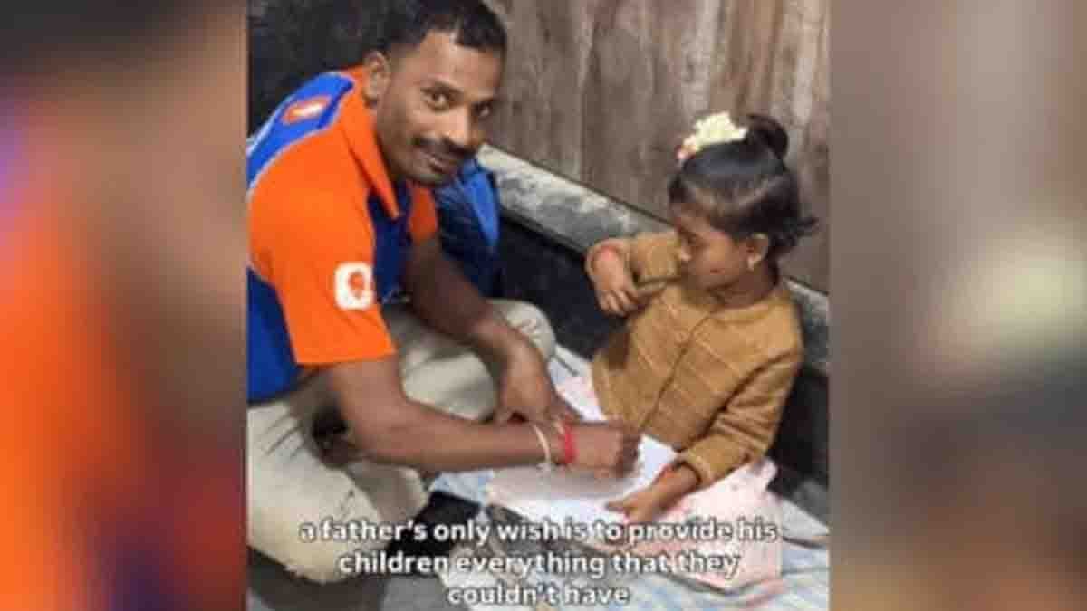 Swiggy delivery father teaching his young daughter near an apartment elevator during work, heartwarming viral Video showing dedication to her education