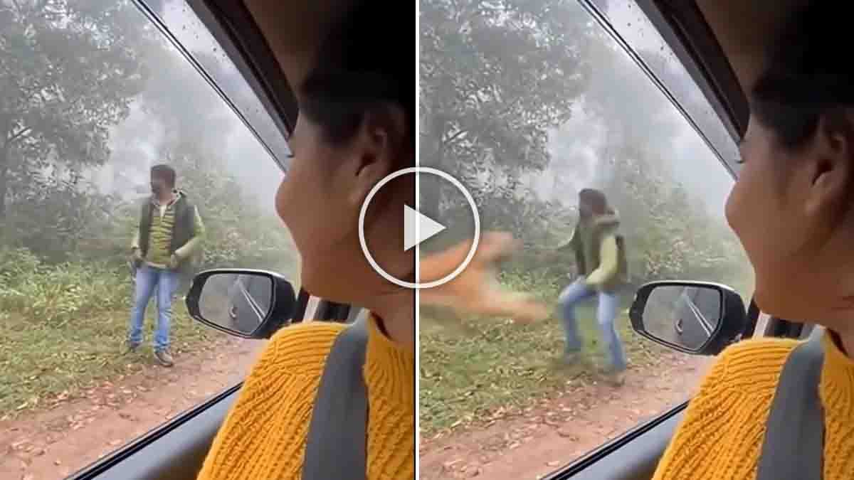 Viral Video : ಗರ್ಲ್ಫ್ರೆಂಡ್ ಎದುರು ಫೋಟೋಗೆ ಪೋಸ್ ಕೊಡುತ್ತಿದ್ದ ಬಾಯ್ಫ್ರೆಂಡ್ ಮೇಲೆ ಹಠಾತ್ ಹುಲಿ ದಾಳಿ! ಮುಂದೇನಾಯ್ತು ನೋಡಿ...! 1 Boyfriend attacked by tiger while posing for photo near car in forest viral video