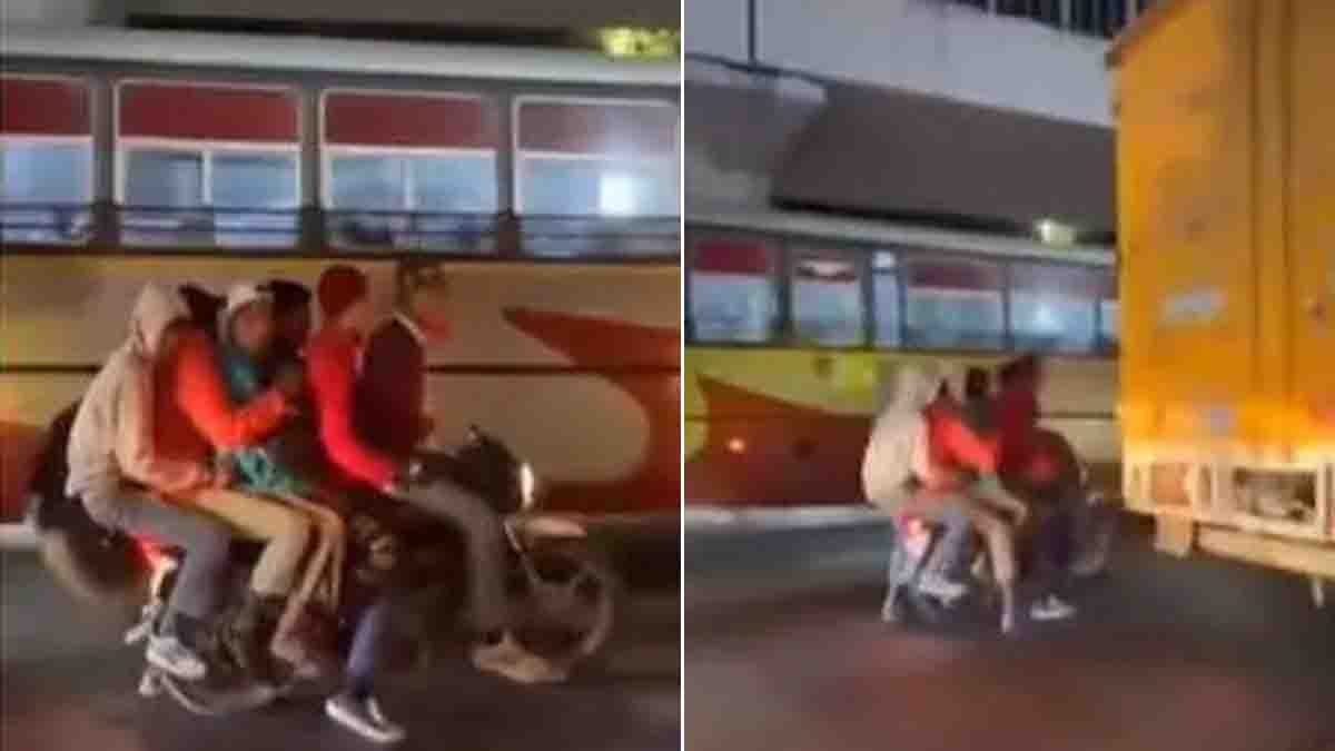 Video : ಒಂದೇ ಬೈಕ್ನಲ್ಲಿ ಬರೋಬ್ಬರಿ 6 ಹುಡುಗರು! 'ವಿಕ್ಟರಿ' ಸಿಂಬಲ್ ಬೇರೆ.. ದೆಹಲಿ ಹುಡುಗರ ಹುಚ್ಚಾಟಕ್ಕೆ ಶಾಕ್! 1 A shocking viral video from Delhi shows six boys riding on a single motorcycle without helmets, openly violating traffic rules and endangering public safety