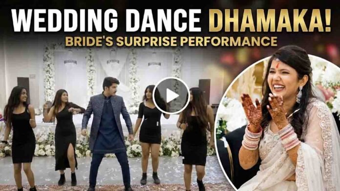Groom dancing energetically with a group of girls in front of the bride during a wedding ceremony, viral video moment