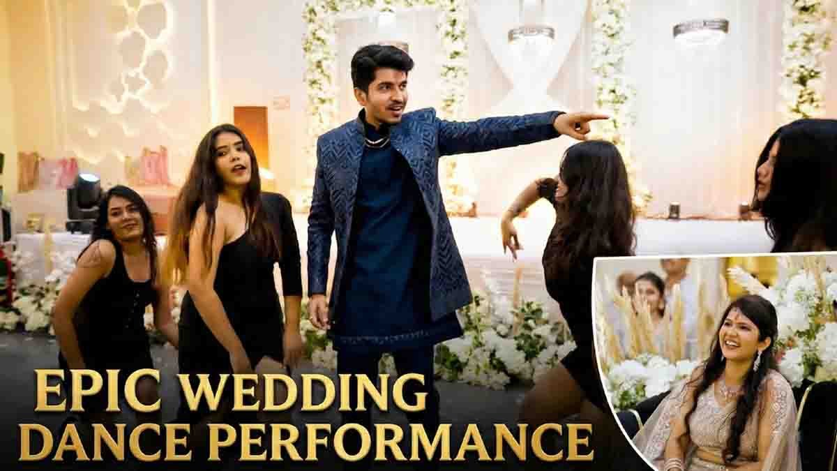 Groom dancing energetically with a group of girls in front of the bride during a wedding ceremony, viral video moment