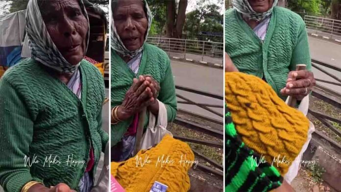 Heartwarming viral video shows a youth helping a hungry elderly woman at a traffic signal with food and a sweater, earning massive praise online