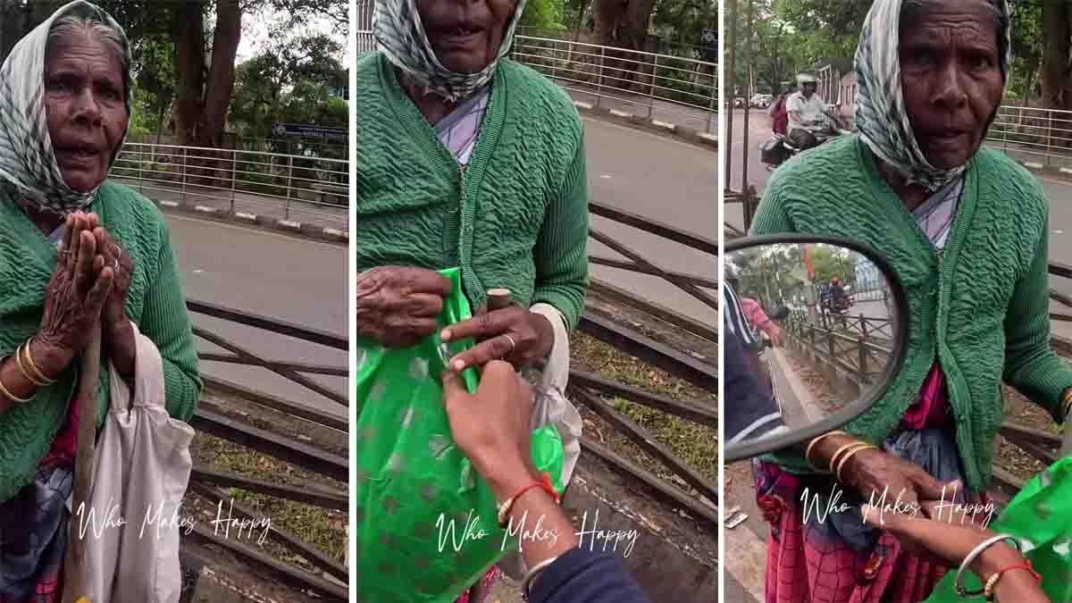 Heartwarming viral video shows a youth helping a hungry elderly woman at a traffic signal with food and a sweater, earning massive praise online