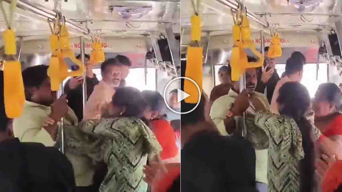Video : ಕರವಸ್ತ್ರ ಇಟ್ಟು ಸೀಟ್ 'ರಿಸರ್ವ್': ಪ್ರಶ್ನಿಸಿದವನಿಗೆ ಬಿತ್ತು ಗೂಸಾ! ಜುಟ್ಟು ಹಿಡಿದು ಎಳೆದಾಡಿದ ಮಹಿಳೆಯರು - ವೈರಲ್ ವಿಡಿಯೋ 2 Women attacking a male passenger inside an APSRTC bus after a dispute over a reserved seat with a handkerchief - Viral video