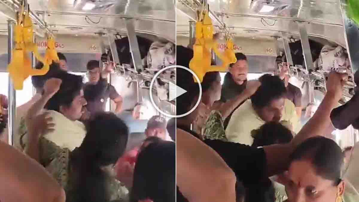Video : ಕರವಸ್ತ್ರ ಇಟ್ಟು ಸೀಟ್ 'ರಿಸರ್ವ್': ಪ್ರಶ್ನಿಸಿದವನಿಗೆ ಬಿತ್ತು ಗೂಸಾ! ಜುಟ್ಟು ಹಿಡಿದು ಎಳೆದಾಡಿದ ಮಹಿಳೆಯರು - ವೈರಲ್ ವಿಡಿಯೋ 1 Women attacking a male passenger inside an APSRTC bus after a dispute over a reserved seat with a handkerchief - Viral video