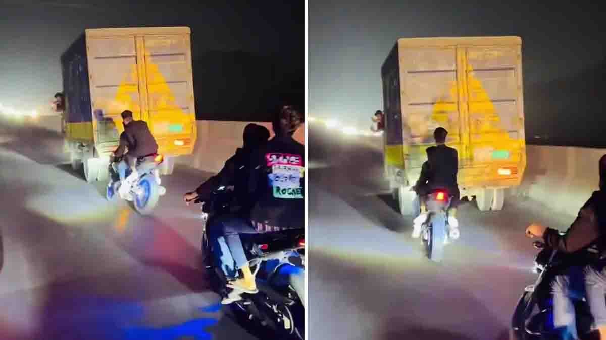 Bikers risk their lives by performing dangerous stunts in front of a speeding truck, highlighting serious road safety violations in a viral video