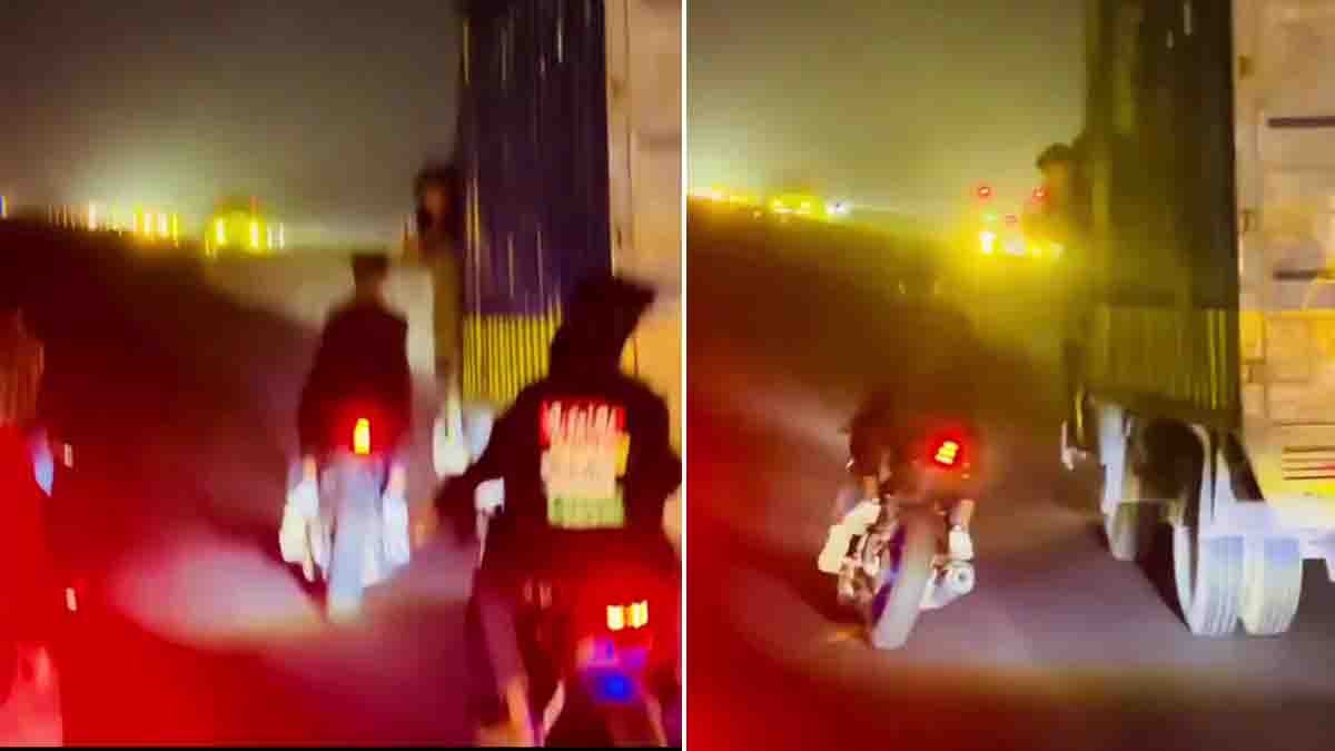 Bikers risk their lives by performing dangerous stunts in front of a speeding truck, highlighting serious road safety violations in a viral video