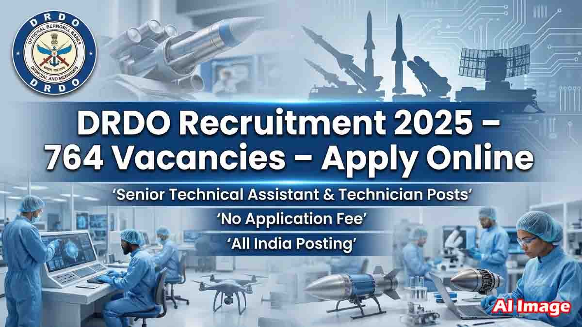 DRDO Recruitment 2025 notification for 764 Senior Technical Assistant and Technician posts, no application fee