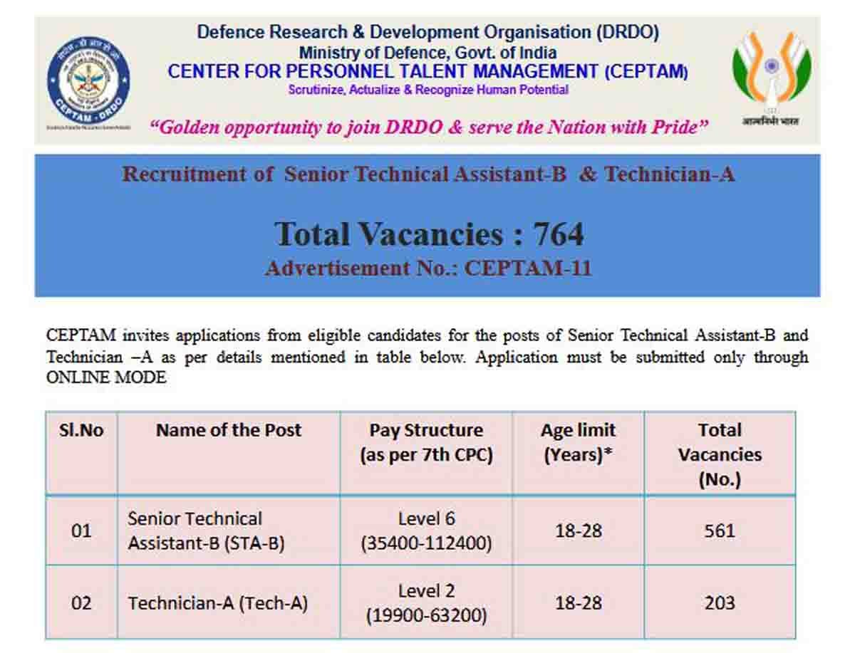 DRDO Recruitment 2025 notification for 764 Senior Technical Assistant and Technician posts, no application fee
