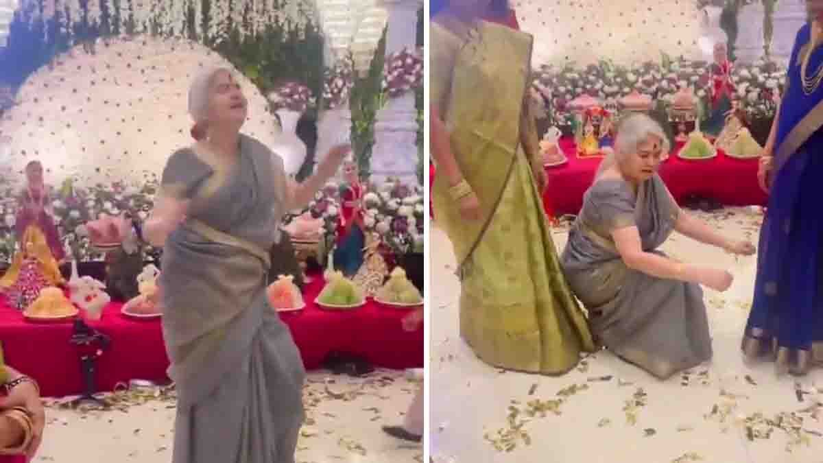 Elderly Indian grandmother dancing energetically to the Chikiri song at a family celebration, recreating Ram Charan’s energetic steps with joyful expressions while people cheer around her.