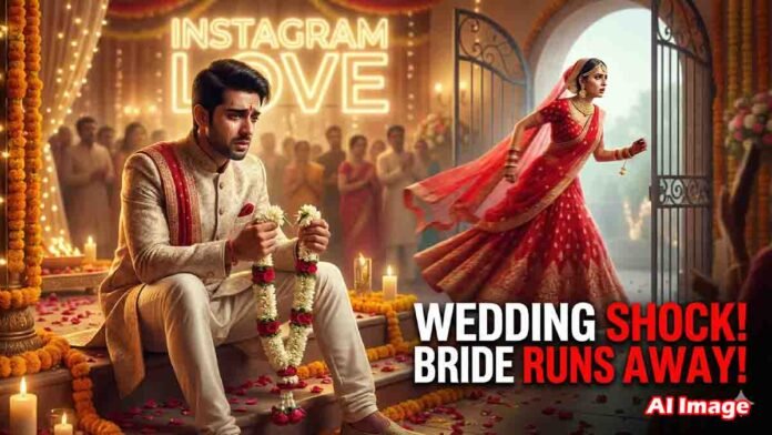 instagram love wedding drama, heartbroken Indian groom sitting alone in mandap after bride goes missing, emotional wedding scene, viral news moment