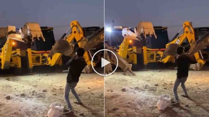 JCB machine performing Nagin Dance as the driver skillfully moves the bucket to match the music in a viral Instagram video.