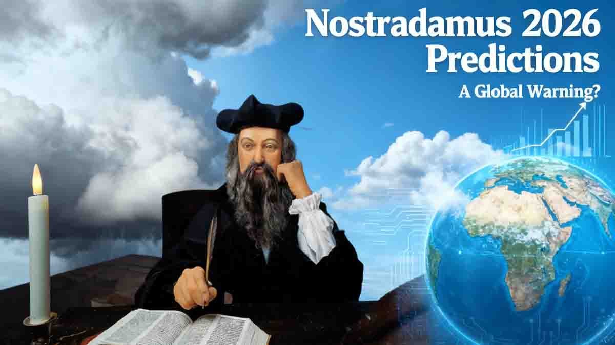 Nostradamus predictions for 2026 showing global crisis, war fears, economic collapse, climate disasters, and rise of artificial intelligence