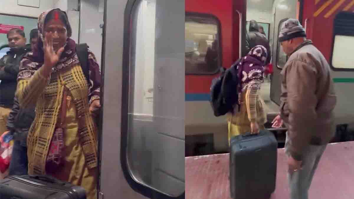 Elderly couple sharing a silent emotional moment at a railway station as the mother boards a train, capturing a father’s silent love in a viral video