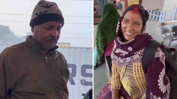 Elderly couple sharing a silent emotional moment at a railway station as the mother boards a train, capturing a father’s silent love in a viral video