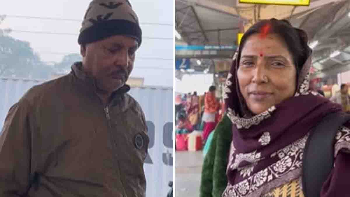 Elderly couple sharing a silent emotional moment at a railway station as the mother boards a train, capturing a father’s silent love in a viral video