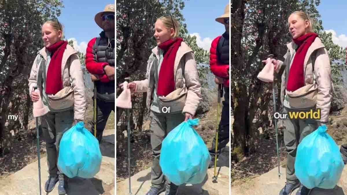 Russian woman trekking in the Himalayas collects plastic waste along the trail to promote cleanliness and environmental awareness in India