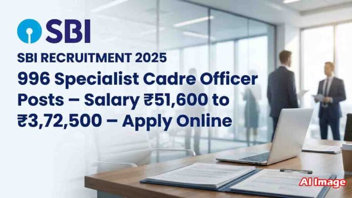 SBI Recruitment 2025: Apply online for 996 Specialist Cadre Officer (SCO) posts. Salary ₹51,600 to ₹3,72,500. Check eligibility, age limit, fees, selection process & important dates