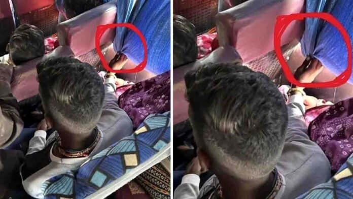 Indian husband holding window curtain for 40 minutes to protect sleeping wife from sunlight on bus – true love viral photo