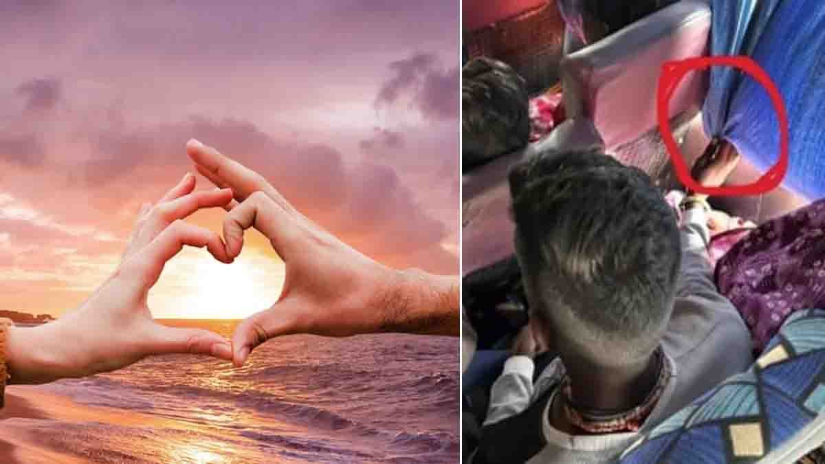 Indian husband holding window curtain for 40 minutes to protect sleeping wife from sunlight on bus – true love viral photo