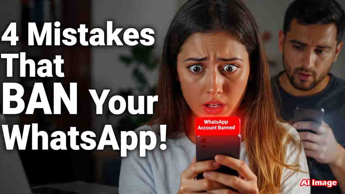 WhatsApp ban alert showing mobile phone screen with warning message about account suspension due to security violations