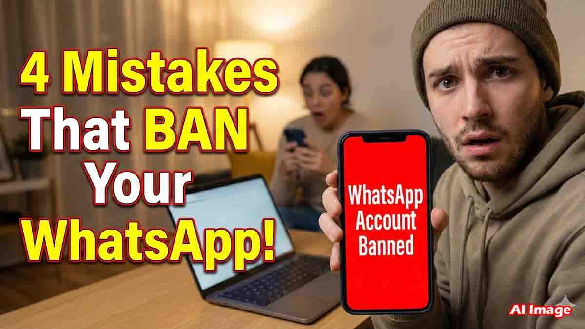 WhatsApp ban alert showing mobile phone screen with warning message about account suspension due to security violations