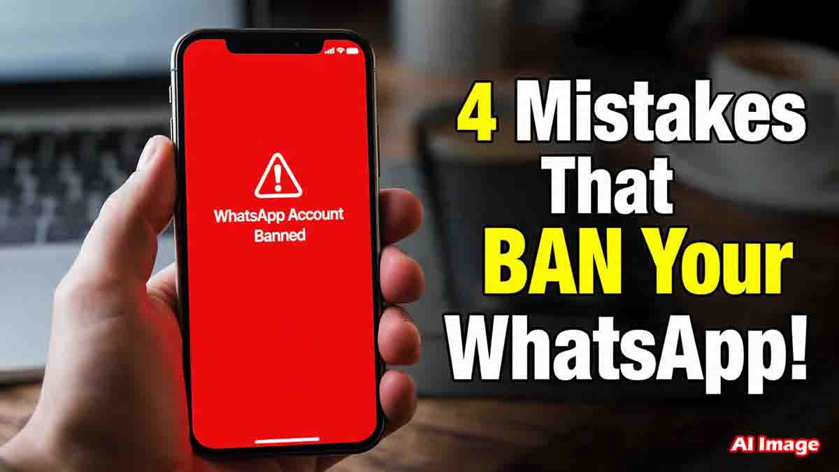 WhatsApp ban alert showing mobile phone screen with warning message about account suspension due to security violations