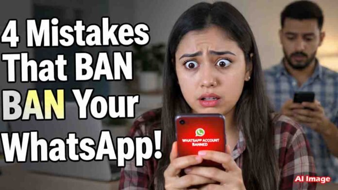 WhatsApp ban alert showing mobile phone screen with warning message about account suspension due to security violations