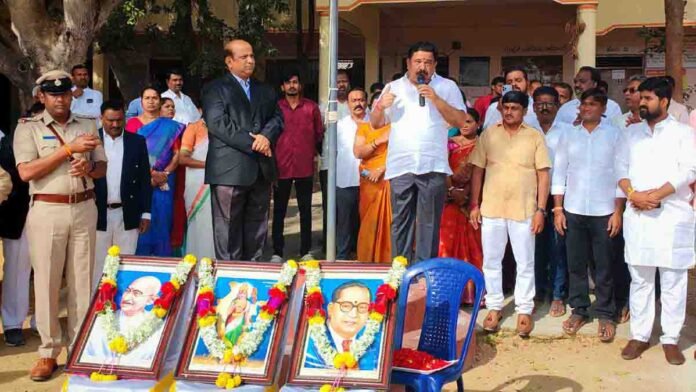 77th Republic Day celebrations in Gudibande where MLA Subba Reddy hoists the national flag at the Government Pre-University College