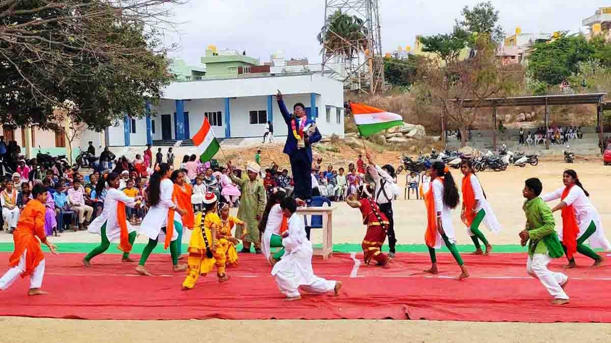 77th Republic Day celebrations in Gudibande where MLA Subba Reddy hoists the national flag at the Government Pre-University College