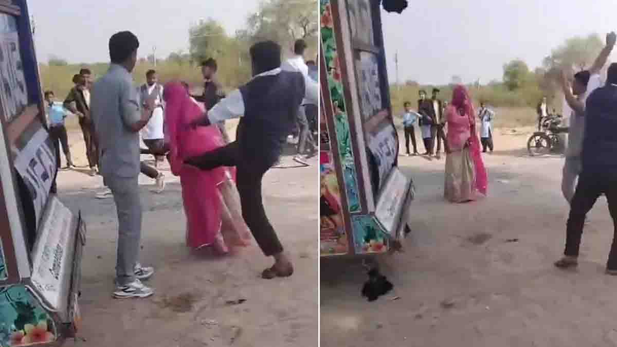 Young man brutally kicks an elderly woman during a village celebration in Barmer district, Rajasthan, shocking viral video