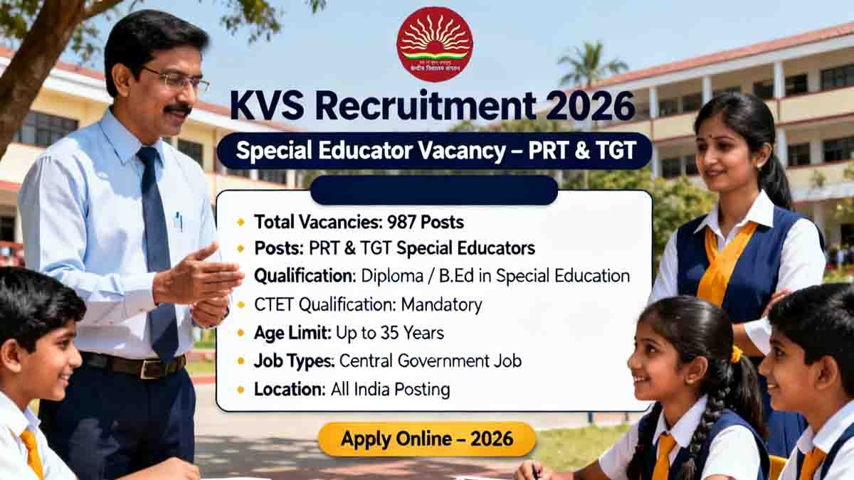 KVS Recruitment 2026 : ಶಿಕ್ಷಕ ಹುದ್ದೆಯ ಕನಸು ಕಾಣುತ್ತಿರುವವರಿಗೆ ಸುವರ್ಣಾವಕಾಶ! 987 ವಿಶೇಷ ಶಿಕ್ಷಕರ ನೇಮಕಕ್ಕೆ ಚಾಲನೆ 1 kvs-recruitment-2026 special educator and teacher vacancies announced by Kendriya Vidyalaya Sangathan across India