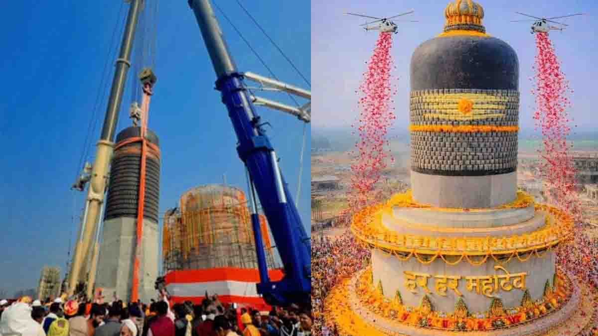 Devotees witness the historic installation of the world’s largest 33-foot granite Shiva Lingam at the Virat Ramayan Temple in Motihari, Bihar.