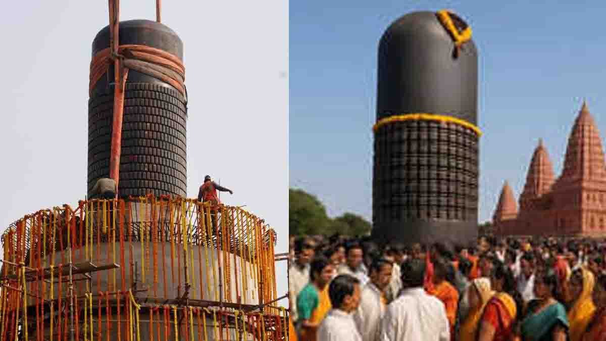 Devotees witness the historic installation of the world’s largest 33-foot granite Shiva Lingam at the Virat Ramayan Temple in Motihari, Bihar.
