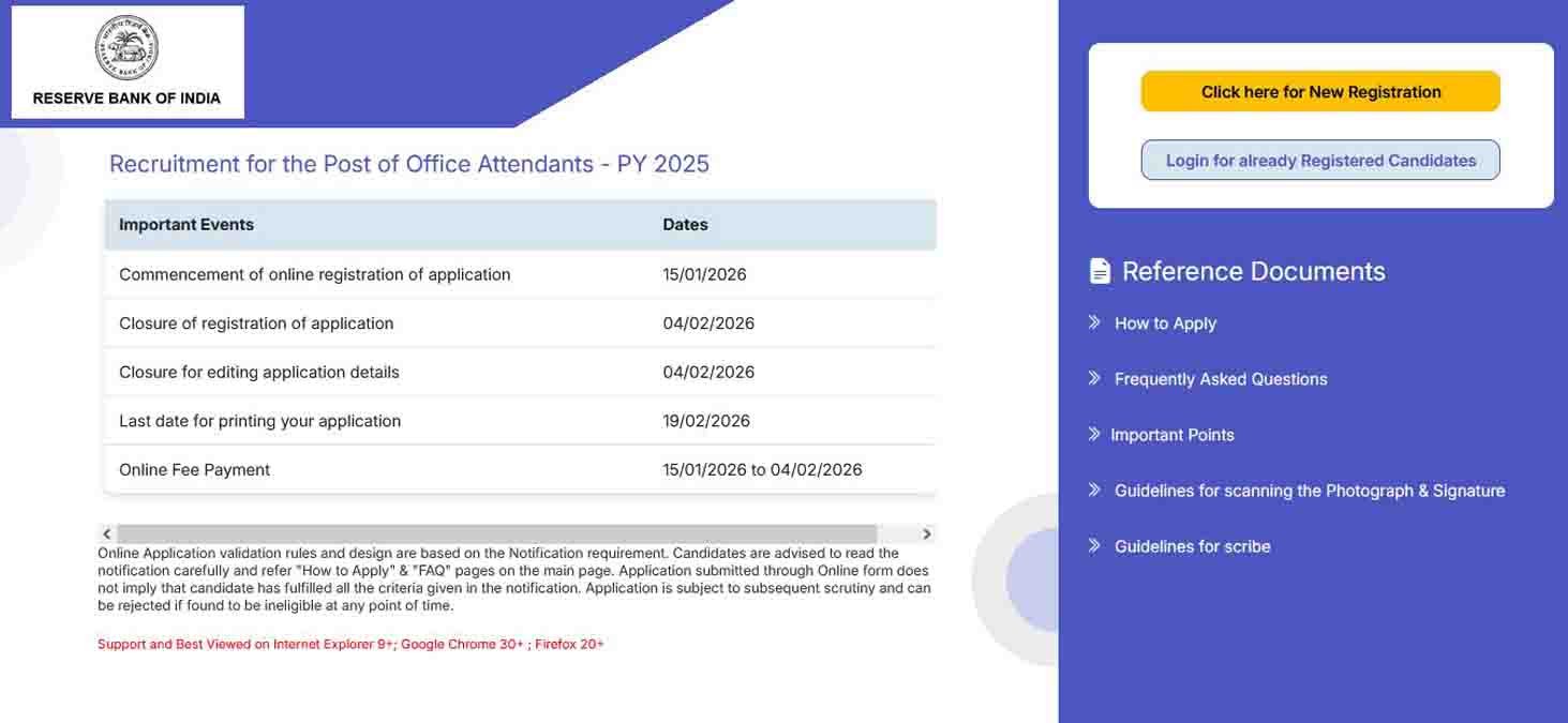 Official RBI Office Attendant recruitment notification 2026 announcing 572 vacancies for 10th pass candidates with salary details and selection process.