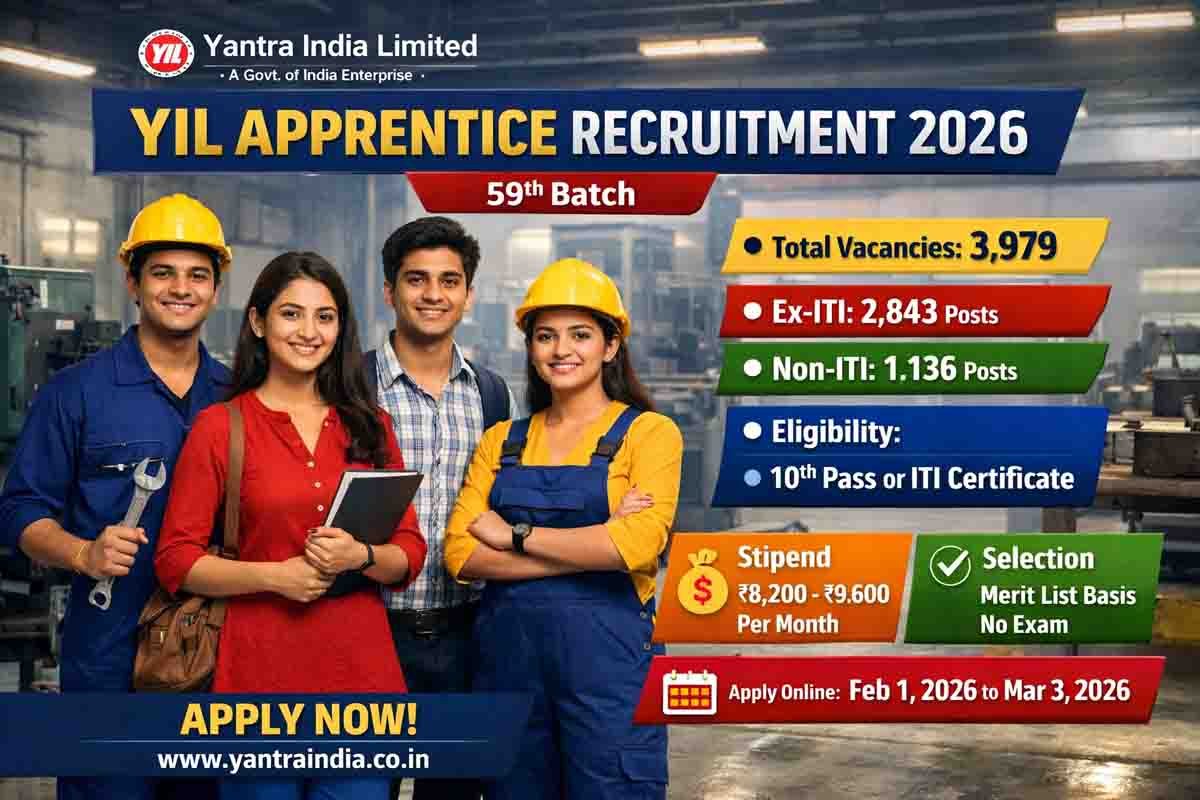 Apply for YIL Apprentice Recruitment 2026 at Yantra India Limited. 3,979 Trade Apprentice vacancies for ITI and Non-ITI candidates. Check eligibility, stipend, fees, dates, and apply online now.