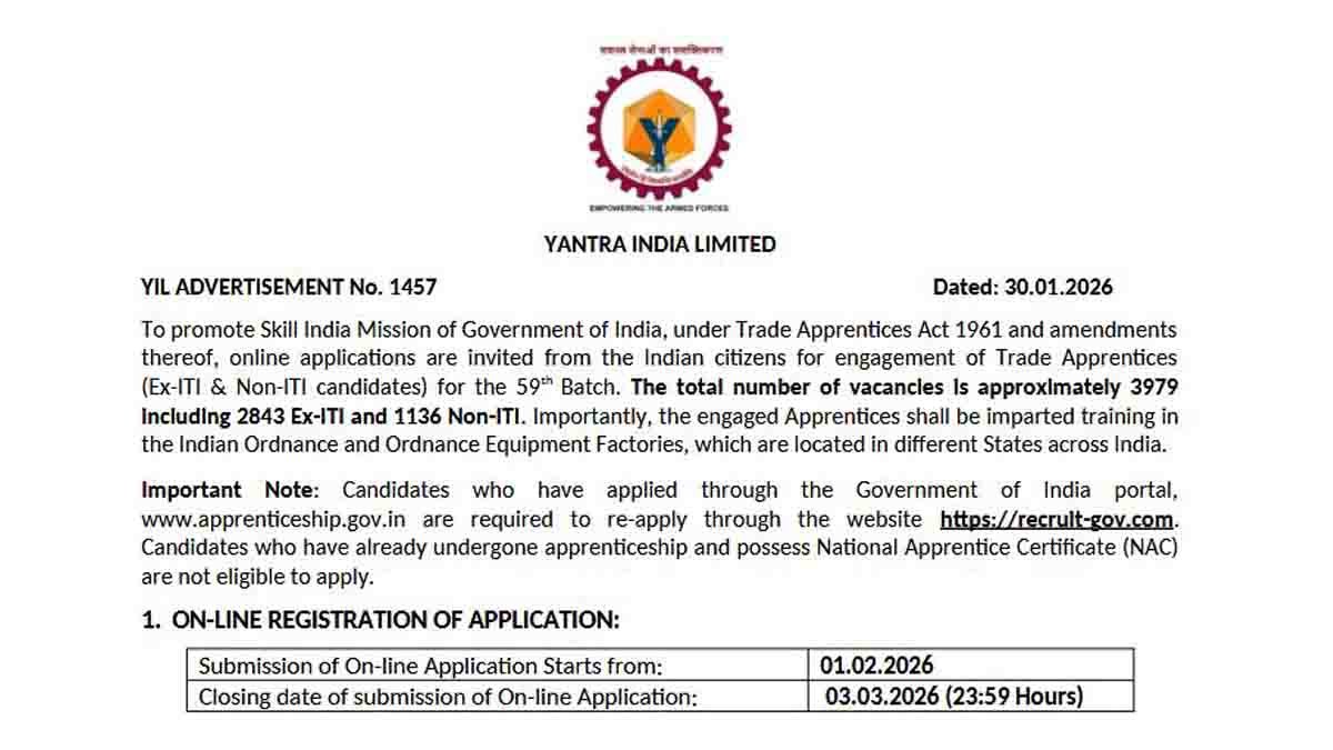 Apply for YIL Apprentice Recruitment 2026 at Yantra India Limited. 3,979 Trade Apprentice vacancies for ITI and Non-ITI candidates. Check eligibility, stipend, fees, dates, and apply online now.