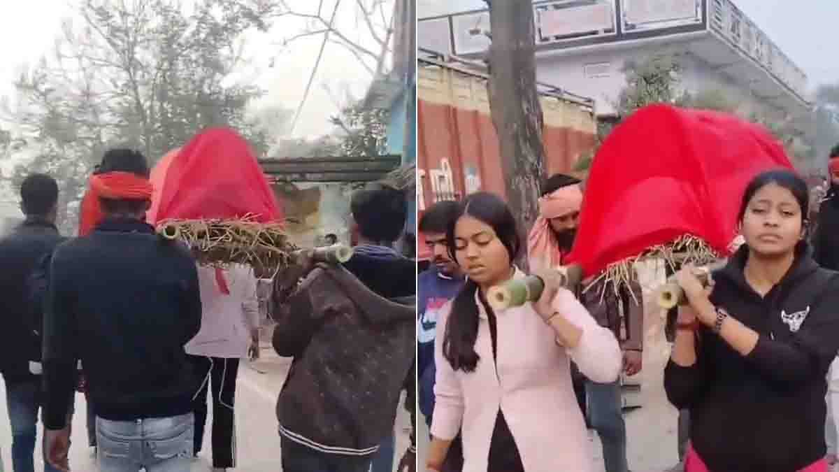 Two daughters carrying their mother’s body to the cremation ground in a Bihar village due to poverty and social neglect