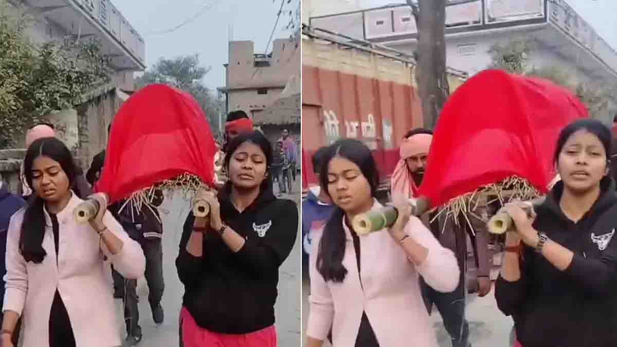 Two daughters carrying their mother’s body to the cremation ground in a Bihar village due to poverty and social neglect