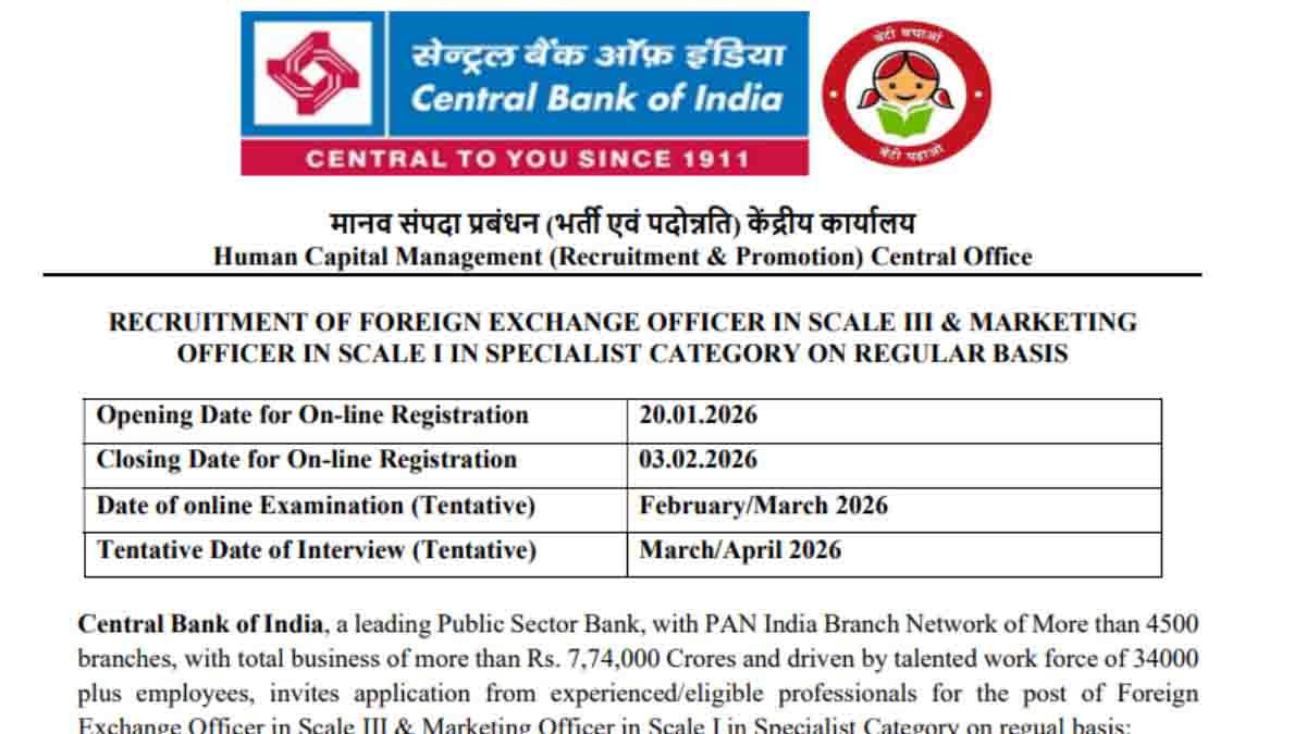 Bank jobs 2026 in Central Bank of India for Foreign Exchange Officer and Marketing Officer