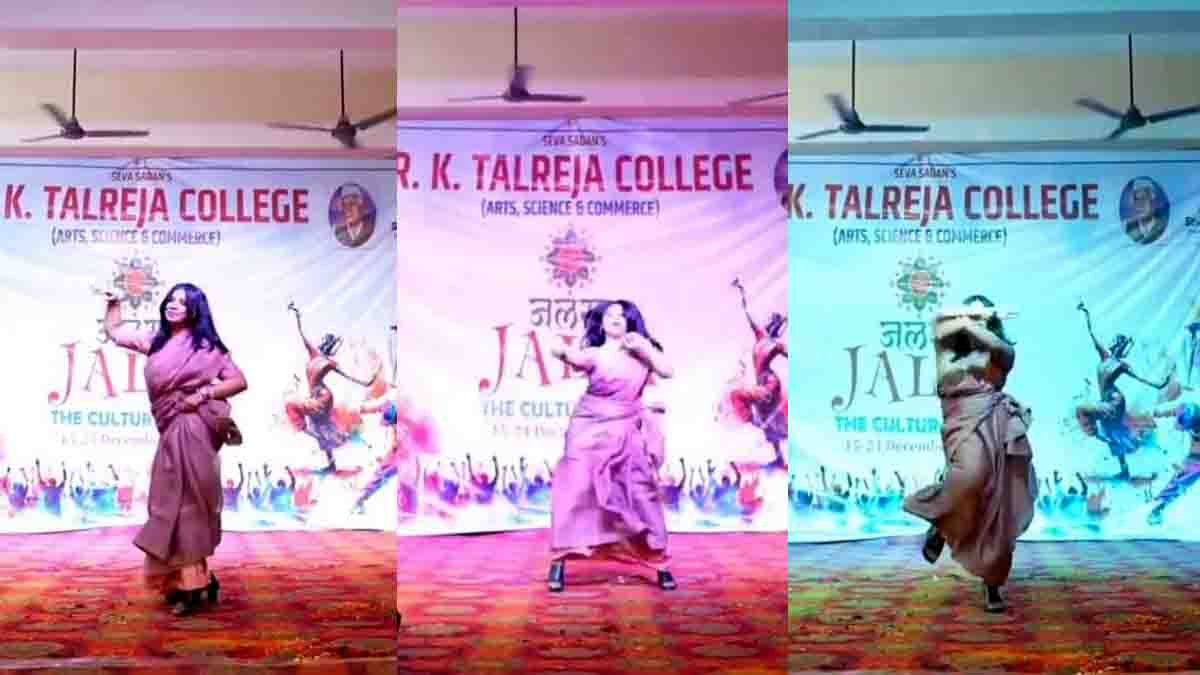 College Lecturer performing a viral dance on stage at a college function in Ulhasnagar