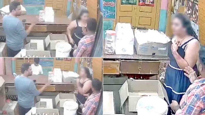 Drunk woman arguing with staff inside Srinivas Wines shop in Bapatla, Andhra Pradesh, viral video incident